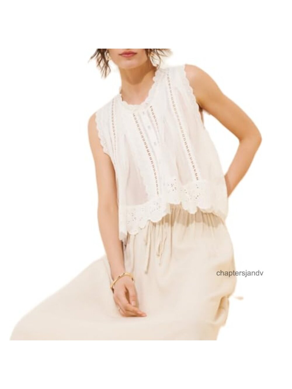 Sleeveless Eyelet Top Vintage Lace Patchwork Button Down Vest Scallop Hem Boho